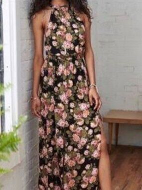 American Eagle Outfitters Black Floral Halter Maxi Dress with Pink Blossoms
